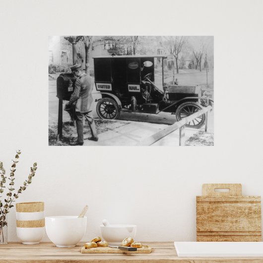 Mail Carrier met "United Mail" Automobile Poster (Keuken)