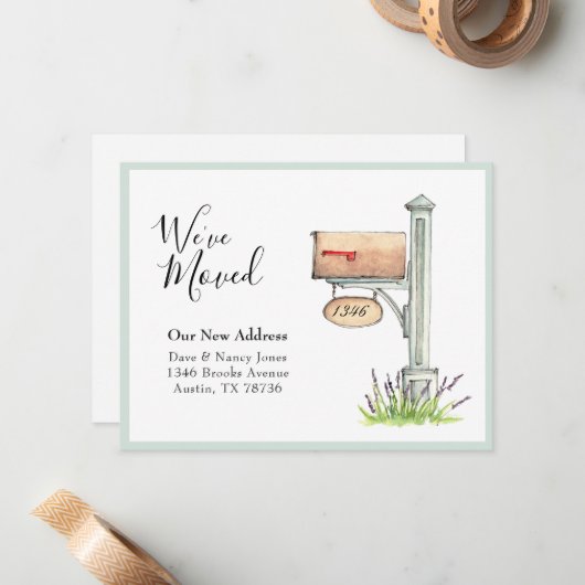 Mailbox waterverf Nieuw huis We zijn verhuisd Notitiekaartje (Voorkant / Achterkant in situ)