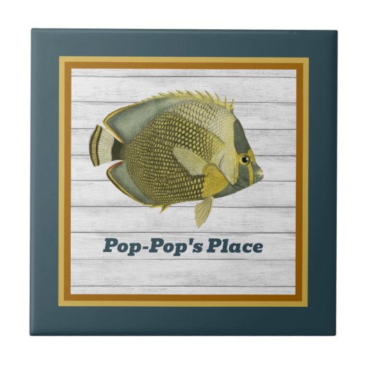 Mailed Butterflyfish in Blauwgroen en goud met naa Tegeltje (Voorkant)