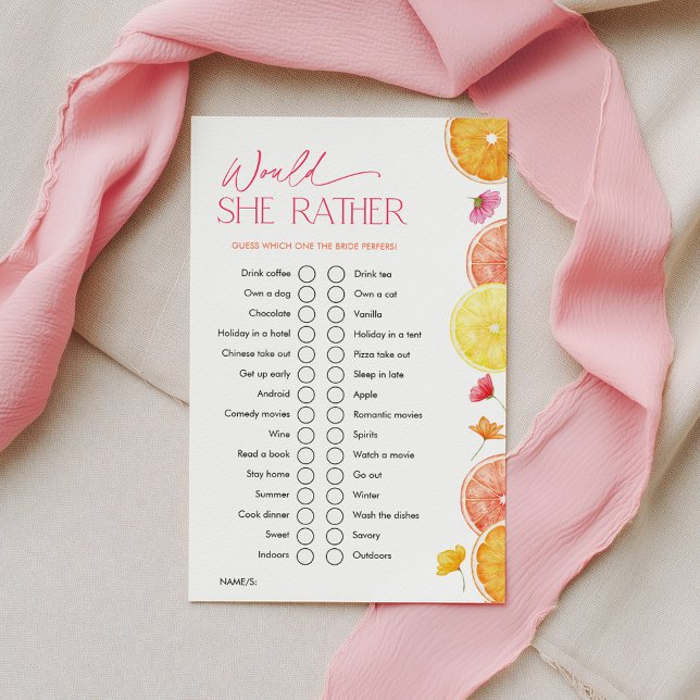 Main Sqeeze Bruidsuitnodiging Spellen Zou Ze Lieve (Would she rather? Bridal Shower Game | Main Squeeze Citrus)