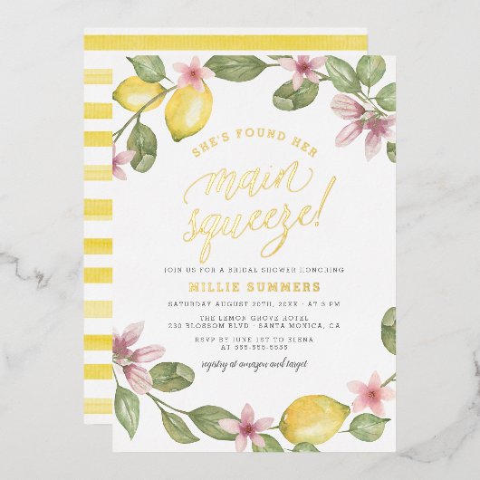 Main Squeeze Bloemenkrans Bruiloftsshower Folie Uitnodiging (Voorkant / Achterkant)