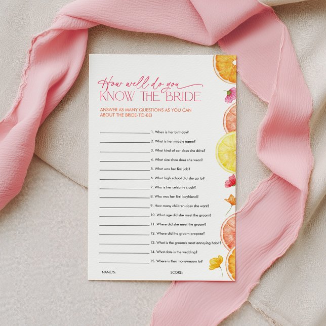 Main Squeeze Bruidsuitnodiging Spellen Ken de Brui (How well do you know the Bride? Main Squeeze Citrus Bridal Shower Game)