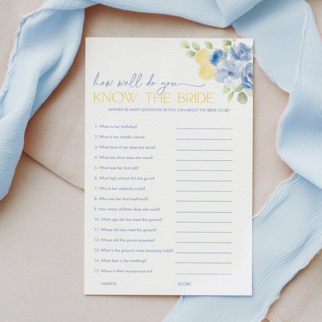 Main Squeeze Bruiloftsspellen Ken de Bruid (How well do you know the bride? Blue floral lemon Bridal Shower Game)