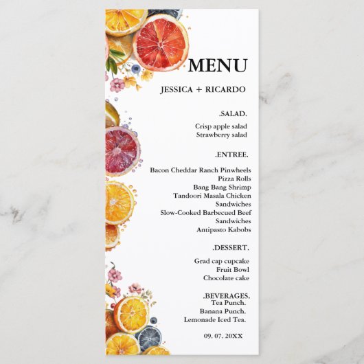 Main Squeeze Cirtus bruiloft vrijgezellenfeest Menu (Voorkant)