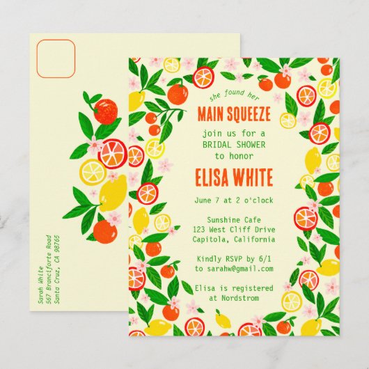 MAIN SQUEEZE Citrus Aangepaste Zomer BRUILOFTSFEES Uitnodiging Briefkaart (Voorkant / Achterkant)