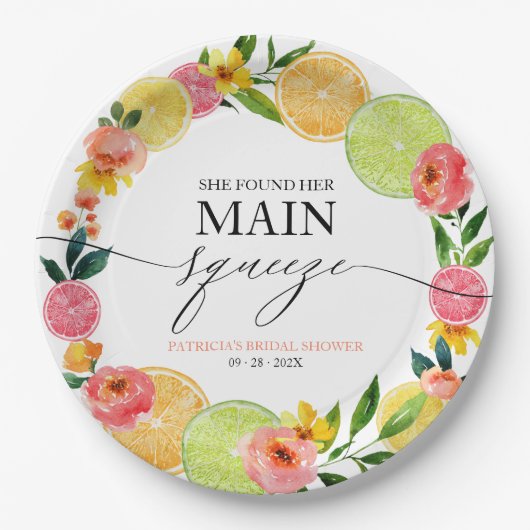 Main Squeeze Citrus Bloem Bruidsdouche Papieren Bordje (Voorkant)