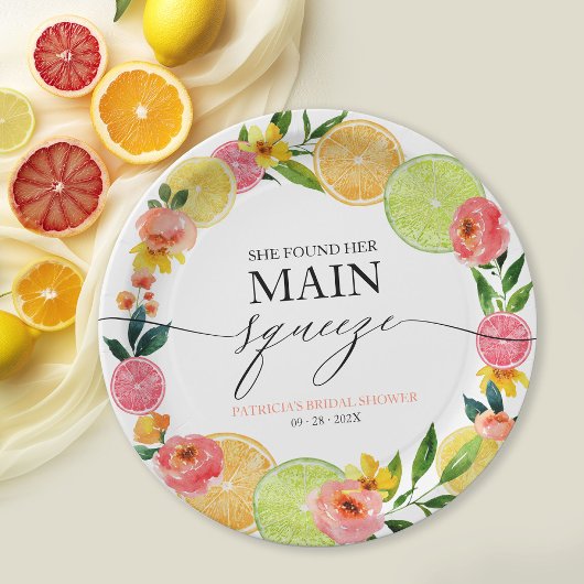 Main Squeeze Citrus Bloemige Bruiloftsdouche Papieren Bordje