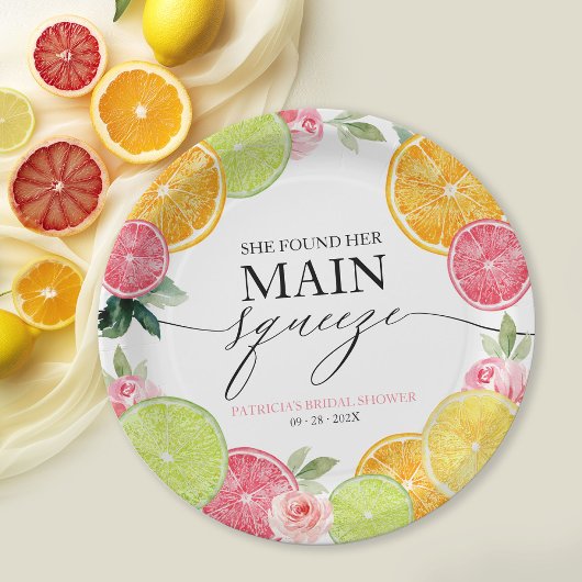 Main Squeeze Citrus Bloemige Bruiloftsdouche Papieren Bordje