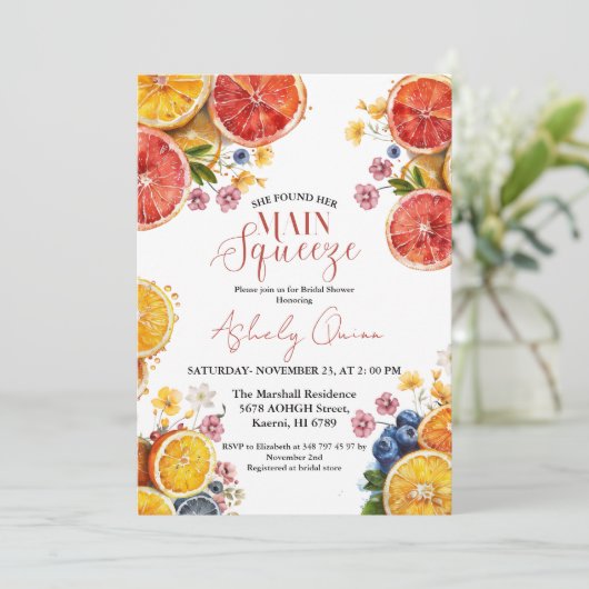 Main Squeeze Citrus Bridal Shower Invitation Kaart (Staand voorkant)
