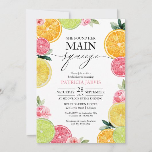 Main Squeeze Citrus Floral Vrijgezellenfeest Kaart (Voorkant)