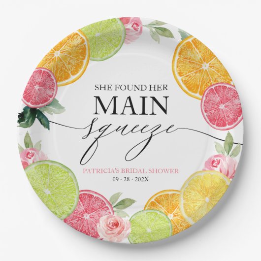 Main Squeeze Citrus Floral Vrijgezellenfeest Papieren Bordje (Voorkant)