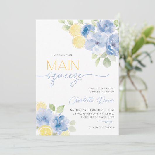 Main Squeeze Citrus Lemon Blue Vrijgezellenfeest Kaart (Staand voorkant)