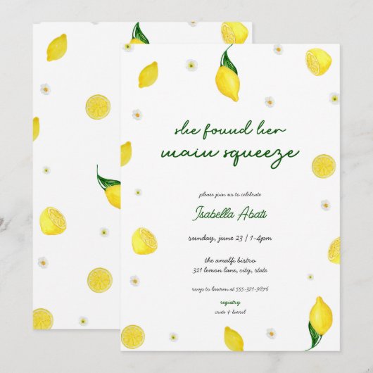 Main Squeeze Citrus Lemon Bridal Shower Uitnodigin Kaart (Voorkant / Achterkant)