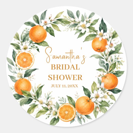 Main Squeeze Citrus Oranje Bruiloftsfeest Ronde Sticker (Voorkant)