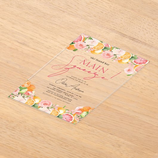 Main Squeeze Citrus Vrijgezellenfeest Sinaasappel Acryl Uitnodigingen (Laagn)