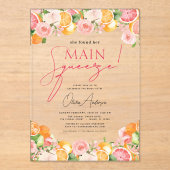 Main Squeeze Citrus Vrijgezellenfeest Sinaasappel Acryl Uitnodigingen (Voorkant)