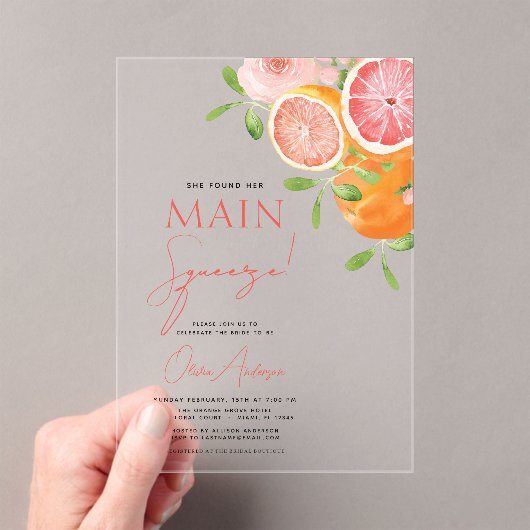 Main Squeeze Citrus Vrijgezellenfeest Sinaasappel Acryl Uitnodigingen (Insitu (Draagbaar))