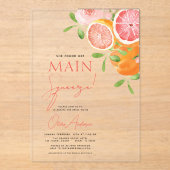 Main Squeeze Citrus Vrijgezellenfeest Sinaasappel Acryl Uitnodigingen (Voorkant)