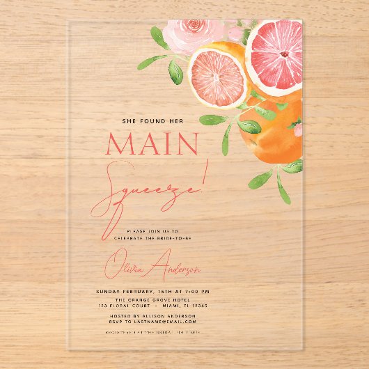 Main Squeeze Citrus Vrijgezellenfeest Sinaasappel Acryl Uitnodigingen (Voorkant)