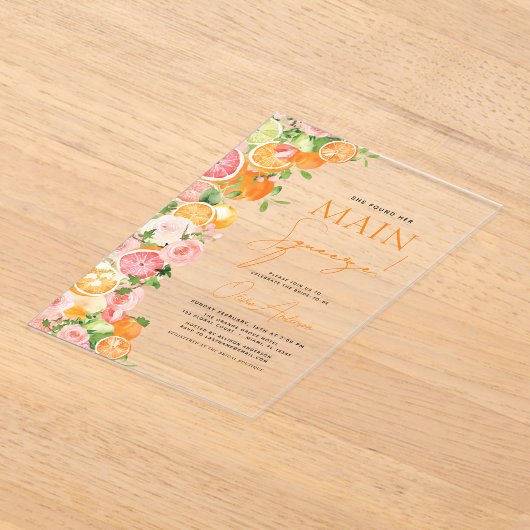 Main Squeeze Citrus Vrijgezellenfeest Sinaasappel Acryl Uitnodigingen (Laagn)