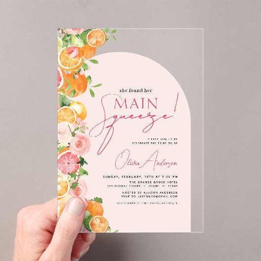 Main Squeeze Citrus Vrijgezellenfeest Sinaasappel Acryl Uitnodigingen (Insitu (Draagbaar))