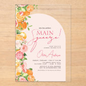 Main Squeeze Citrus Vrijgezellenfeest Sinaasappel Acryl Uitnodigingen (Voorkant)