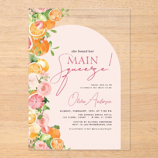 Main Squeeze Citrus Vrijgezellenfeest Sinaasappel Acryl Uitnodigingen (Voorkant)