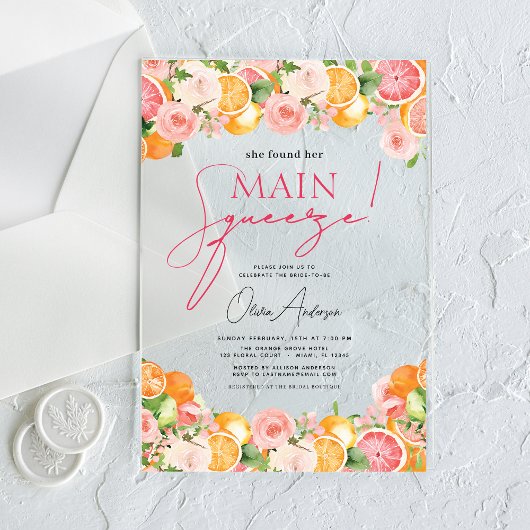 Main Squeeze Citrus Vrijgezellenfeest Sinaasappel Acryl Uitnodigingen