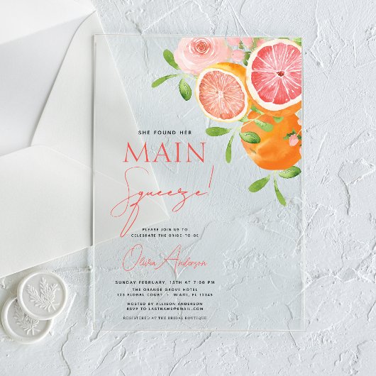 Main Squeeze Citrus Vrijgezellenfeest Sinaasappel Acryl Uitnodigingen