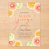 Main Squeeze Citrus Vrijgezellenfeest Sinaasappel Acryl Uitnodigingen (Voorkant)