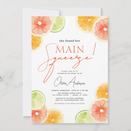 Main Squeeze Citrus Vrijgezellenfeest Sinaasappel Kaart (Voorkant)