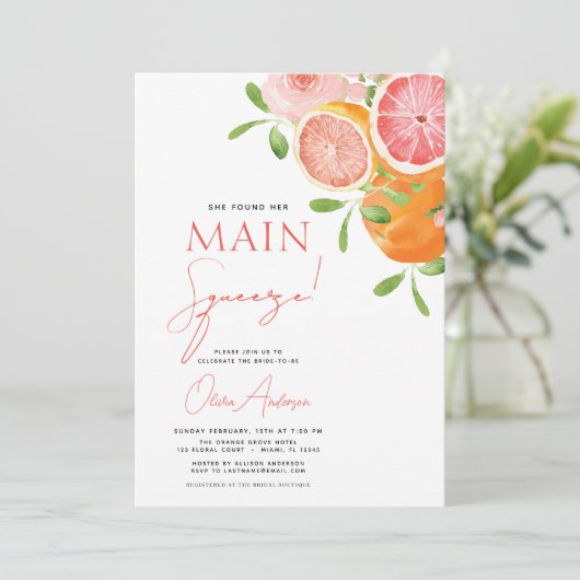 Main Squeeze Citrus Vrijgezellenfeest Sinaasappel Kaart (Staand voorkant)