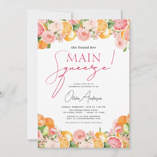 Main Squeeze Citrus Vrijgezellenfeest Sinaasappel Kaart (Voorkant)