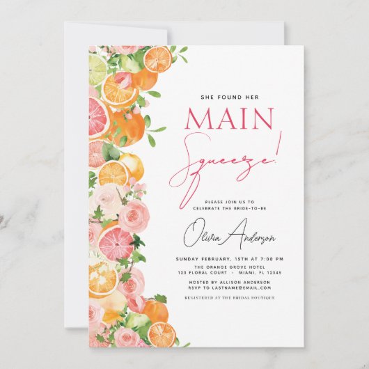 Main Squeeze Citrus Vrijgezellenfeest Sinaasappel Kaart (Voorkant)