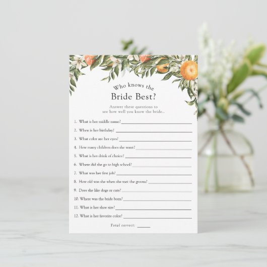 Main Squeeze Citrus Wie kent de bruid Beste spel Kaart (Staand voorkant)