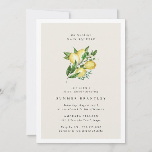 Main Squeeze Elegant Botanische Citroen Vrijgezell Kaart (Voorkant)