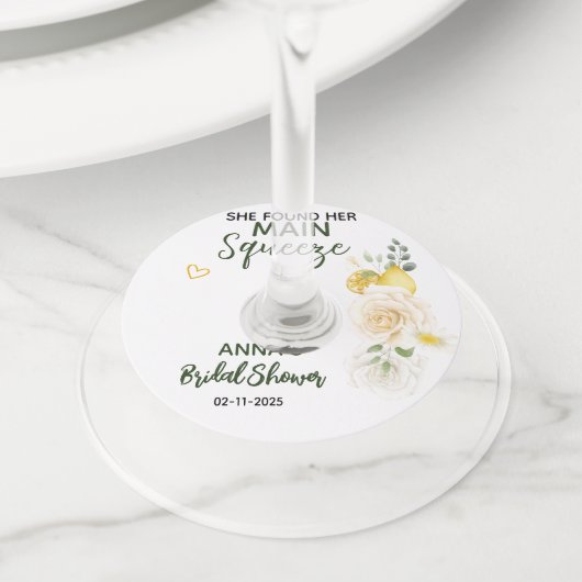 Main Squeeze Elegante Citroen Bloemrijke Bruids-Sh Wijnglaslabel (Dichtbij)