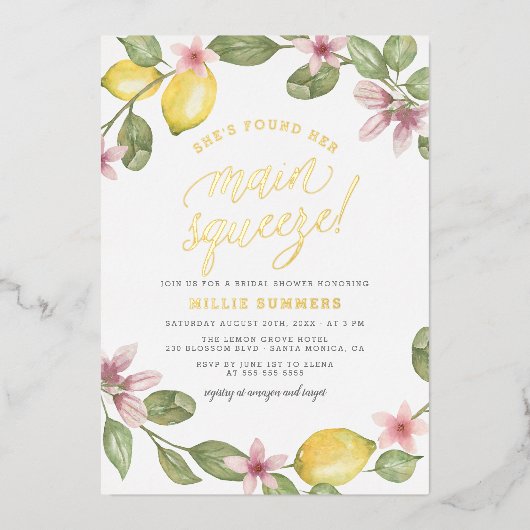 Main Squeeze Floral Lemon Wreater Vrijgezellenfees Folie Uitnodiging (Voorkant)