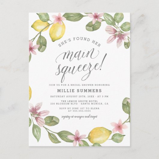 Main Squeeze Floral Lemon Wreater Vrijgezellenfees Uitnodiging Briefkaart (Voorkant)