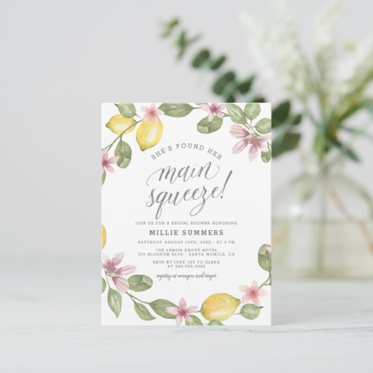 Main Squeeze Floral Lemon Wreater Vrijgezellenfees Uitnodiging Briefkaart (Staand voorkant)