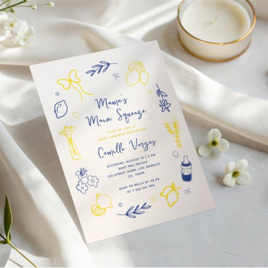 Main Squeeze Hand Drawn Italian Lemon Baby shower Kaart