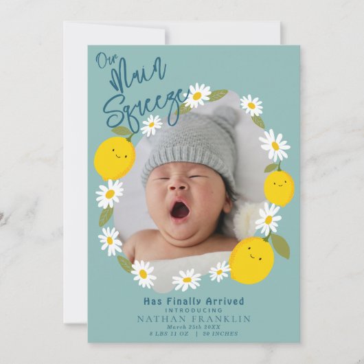 Main Squeeze Lemon Baby Foto Geboorte Aankondiging (Voorkant)