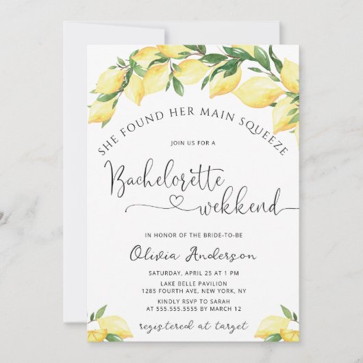 Main Squeeze Lemon Bachelorette Weekend uitnodigin Kaart (Voorkant)
