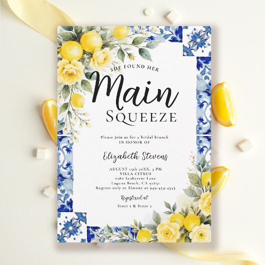 Main Squeeze Lemon Blue Tile Floral Bridal Shower  Kaart