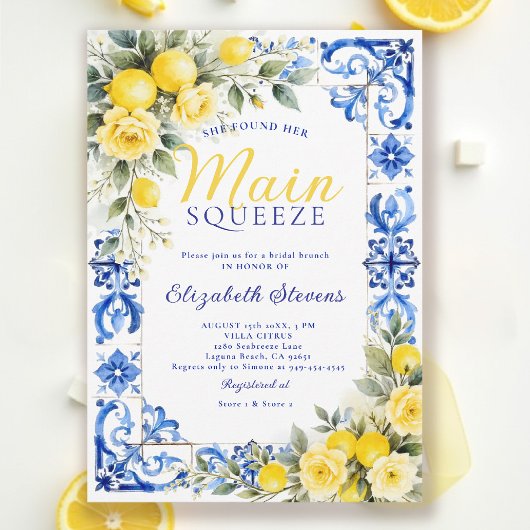 Main Squeeze Lemon Blue Tile Floral Bridal Shower  Kaart