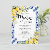 Main Squeeze Lemon Blue Tile Floral Bridal Shower  Kaart (Staand voorkant)