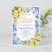 Main Squeeze Lemon Blue Tile Floral Bridal Shower  Kaart (Staand voorkant)