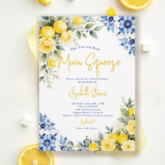 Main Squeeze Lemon Blue Tiles Roses Bridal Shower  Kaart