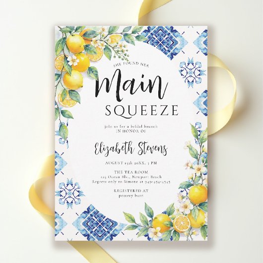 Main Squeeze Lemon Blue Tiles Summer Bridal Shower Kaart