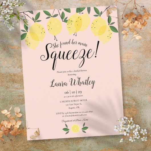 Main Squeeze Lemon Blush Roze Bruiloftsfeest Aankondigingskaart